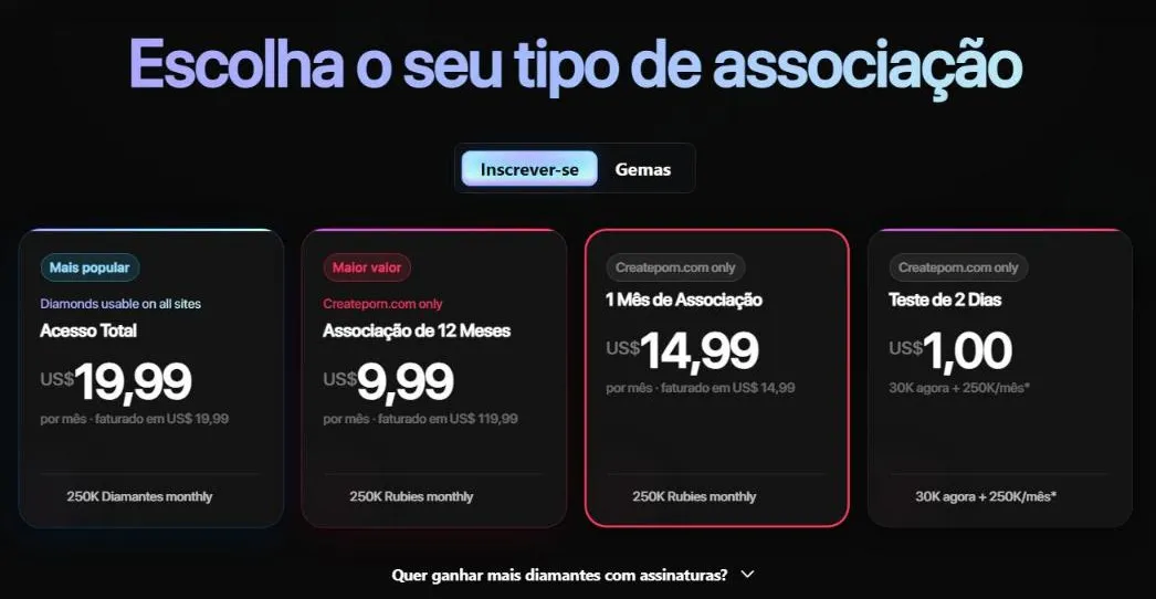Página de planos do CreatePorn em português com preços em dólar